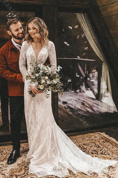 bohemian lace wedding dress Bell Sleeves Mermaid Destination Gown Long Sleeve Romantic Gowns Bohemian Lace Wedding Dresses Vestido