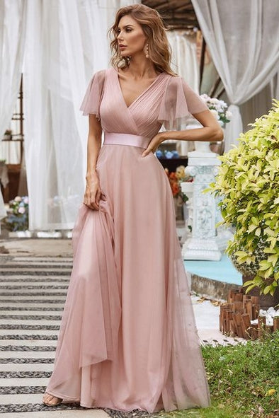 Modest Short Sleeves A Line Tulle Dusty Pink Bridesmaid Dress