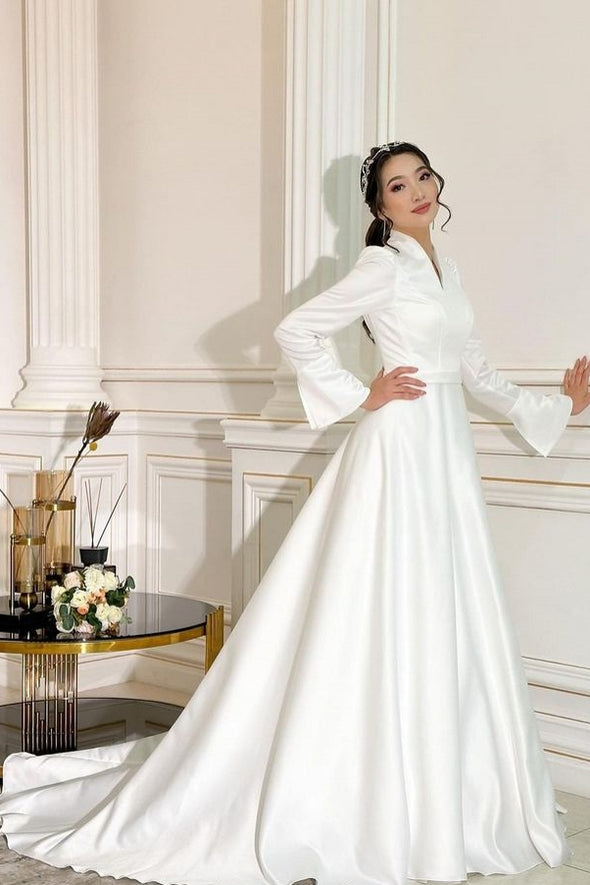 Modest Long Sleeve  Classic Traditional Wedding Dress