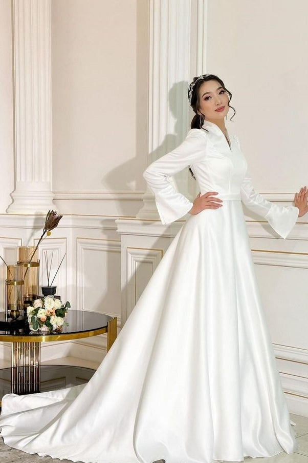 traditional long sleeve wedding dress Puff Long Sleeve Illusion A line Lace Classic Wedding Dress Inexpensive 42