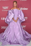 A Line Puffy Sleeves Lavender Taffeta  Prom Dress