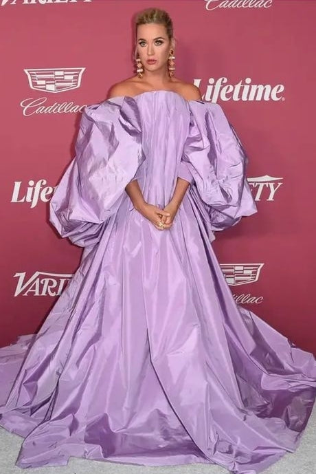 A Line Puffy Sleeves Lavender Taffeta  Prom Dress