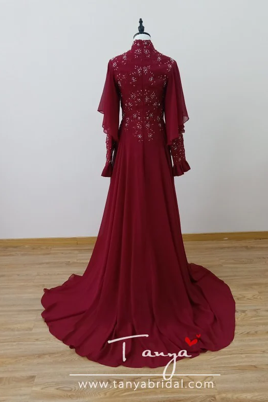 Chiffon Burgundy Elegant Arabic Muslim Wedding Dresses DQG923