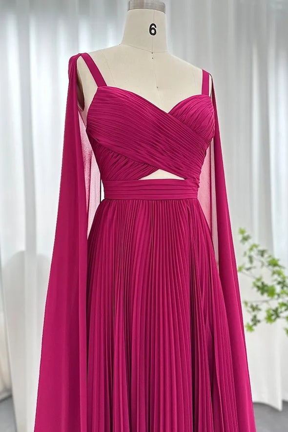 Arabic Fuchsia Chiffon Dubai Evening Dresses With Cape