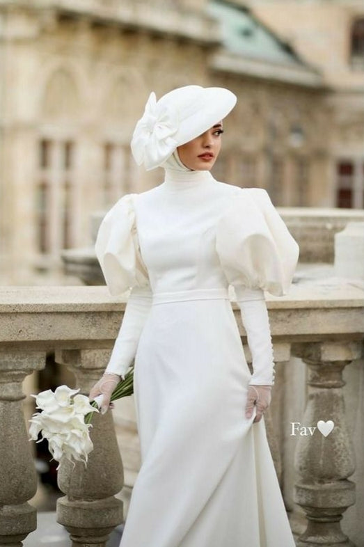 Puffy Sleeves Long Satin Muslim Wedding Dress With Train