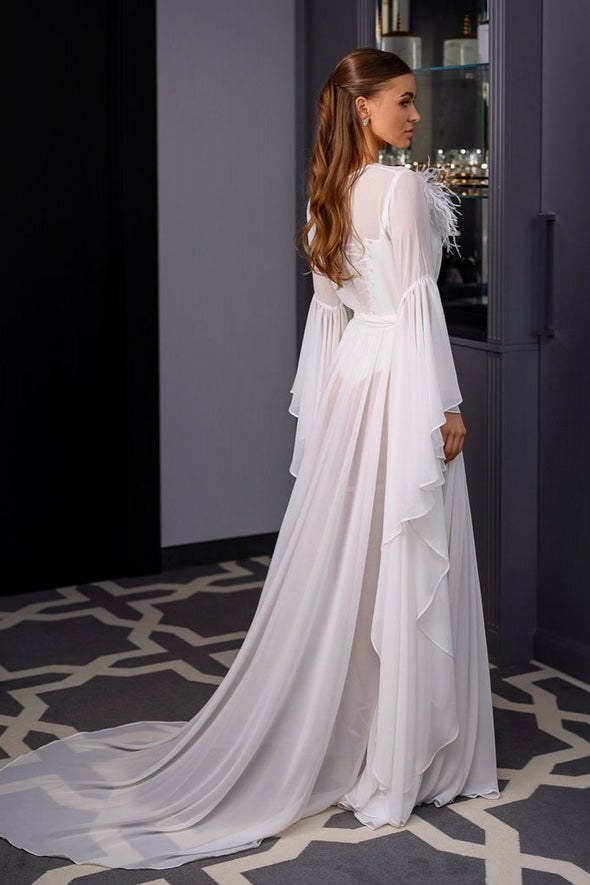 Bohemian Chiffon Wedding Robe With Feathers – TANYA BRIDAL