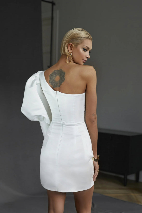 One Shoulder Long Sleeve Mini Wedding Party Dress