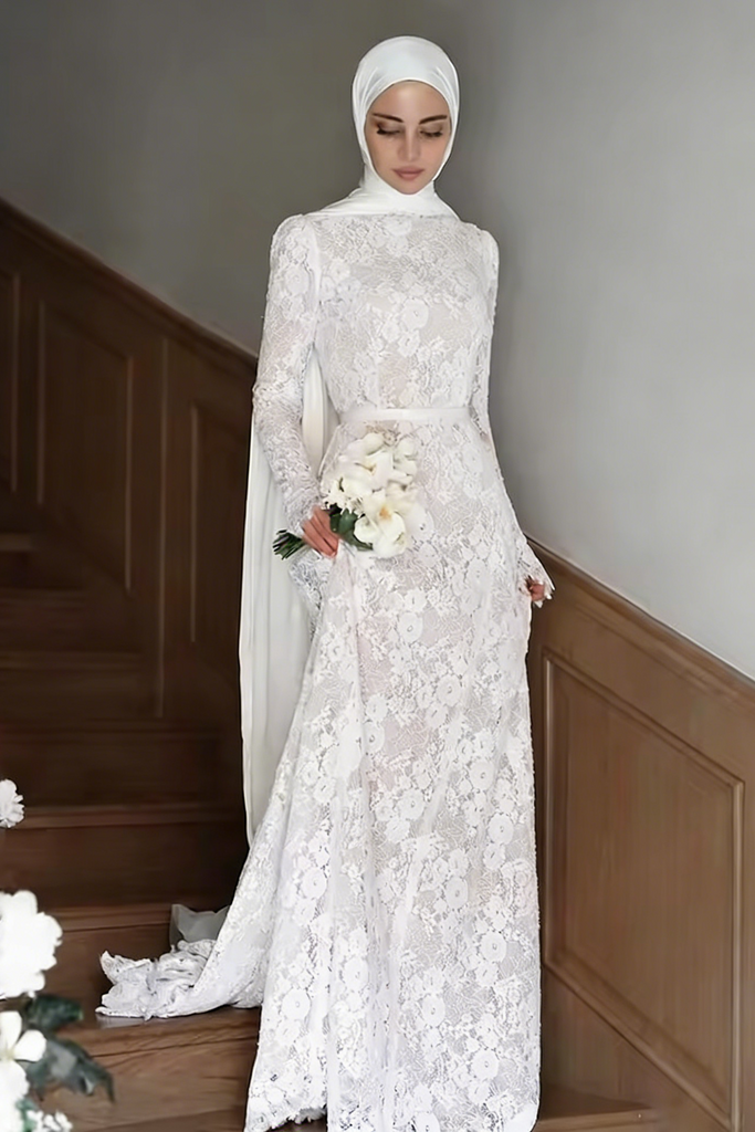 hijab wedding dress #DZ9567 Long Sleeves Mermaid Brides Elegant Islam Garden Bridal Gown Color:Melon Appliques Fashion Element Champagne Sequin Criss-Cross Waist pfs:label-Bestseller