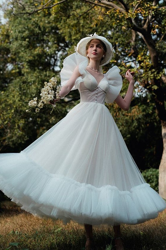 Fairy A Line Tulle Mid Calf Wedding Dress With Short Sleeves TANYA BRIDAL Fairy A Line Tulle Mid Calf Wedding Dress With Short Sleeves TANYA BRIDAL