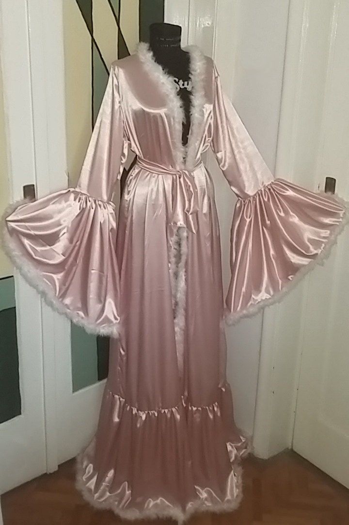 Candy Robe Satin Bride Candy Pink Satin Robe White Marabou Feather Hollywood Dres ...