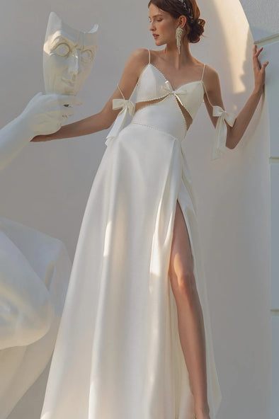 Soft Satin A Line Wedding Dresses With Pearls Chic DW885