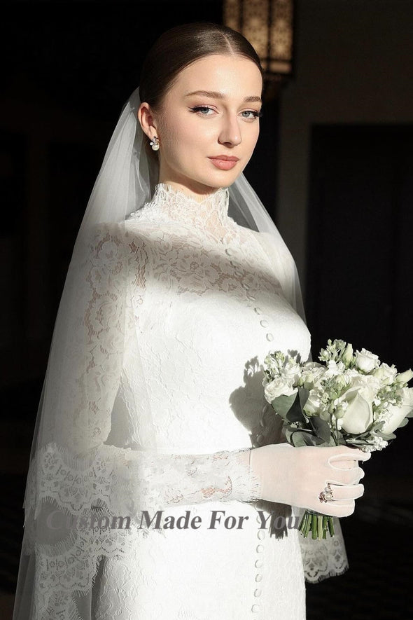 Wedding Gowns High Neck Buttons Formal Bride Dress