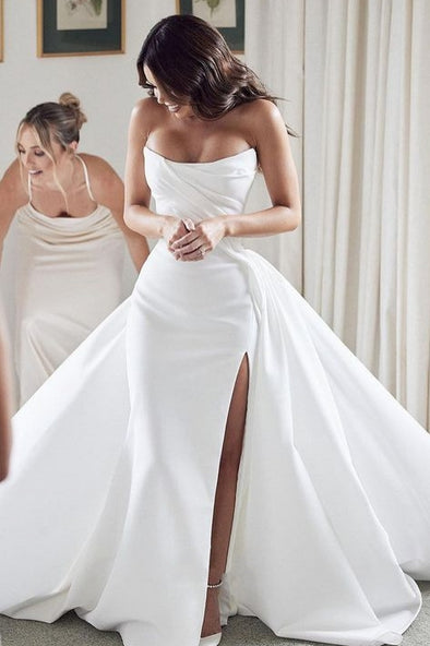 Modest Simple Long Wedding Gown With Split Court Train