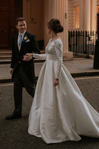 Simple Satin V Back Wedding Dress Long Sleeved TANYA BRIDAL Simple Satin V Back Wedding Dress Long Sleeved TANYA BRIDAL