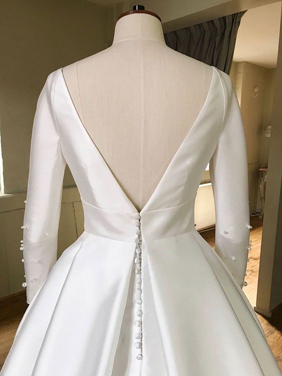 Round Neck Ivory Satin Wedding Dress With Pearl