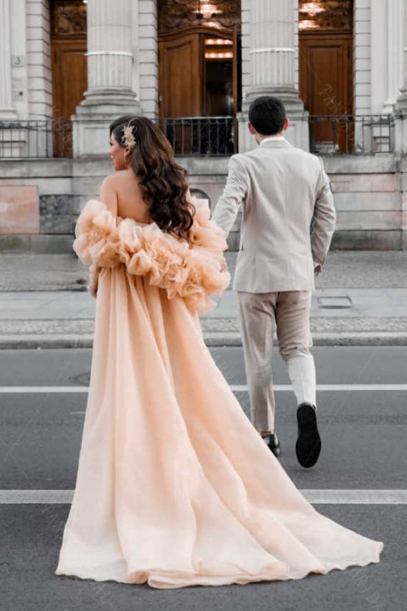 #DZ9432 Champagne organza Wedding Cape With 3D Flowers