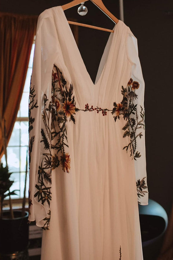 Long Flare Split Sleeve Boho Colorful Embroidery Wedding Dress