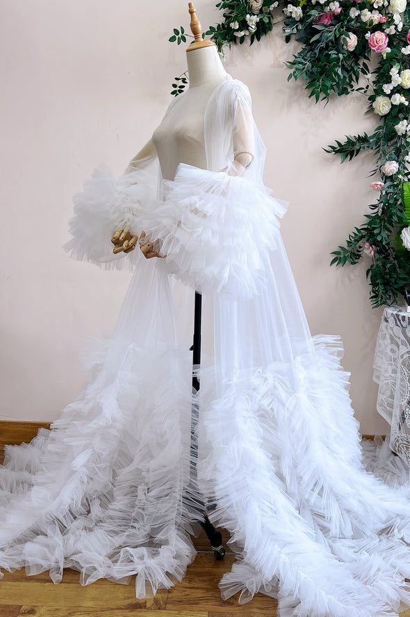 Ruffles Tulle Fashion Wedding Jacket Long Flare Sleeve Robe Outfit