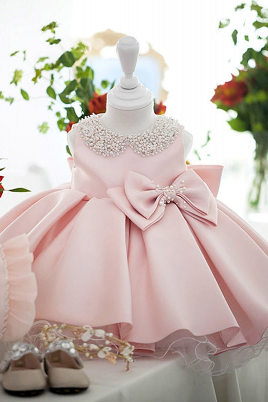 Pink Satin Ball Gown Flower Girl Dress With Pearls