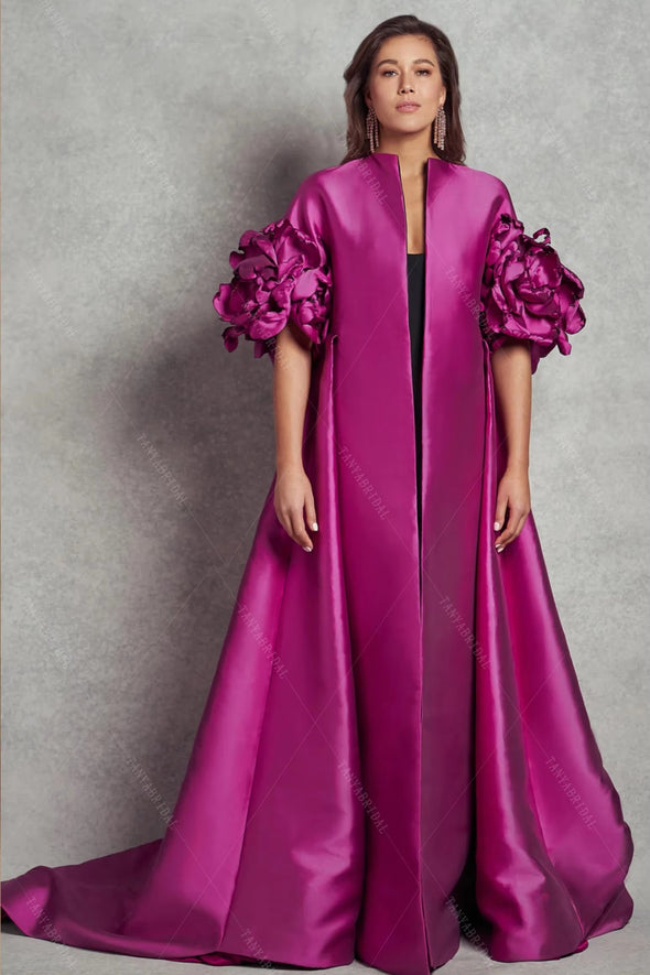 ZJ239 Fuchsia Long Evening Coat Taffeta Cape Stylish