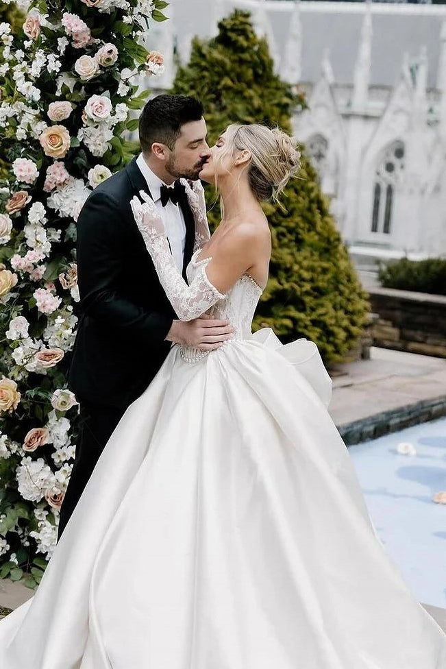 Lace Satin Ball Gown Wedding Dress With Bow Back DW901 – TANYA BRIDAL Lace Satin Ball Gown Wedding Dress With Bow Back DW901 – TANYA BRIDAL
