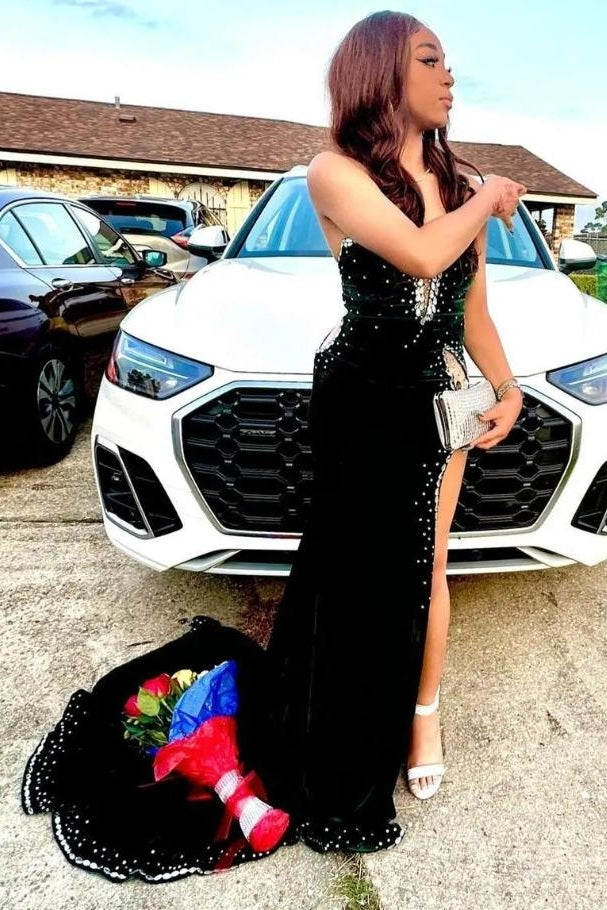 Sweetheart Dark Green Prom Dress Velvet Mermaid Slit With Beads TANYA BRIDAL Sweetheart Dark Green Prom Dress Velvet Mermaid Slit With Beads TANYA BRIDAL