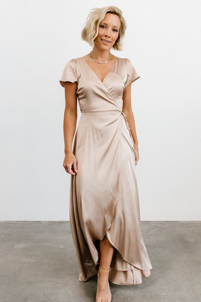 Chamapgne Silk Satin Bridesmaid Dress Short Sleeves 242242026