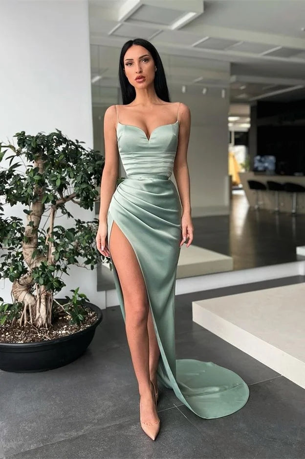 Dusty Sage Mermaid Prom Dress With Slit Spaghetti-Straps – TANYA