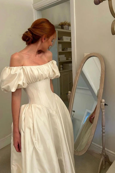 #DZ9414 Ivory Satin Off-Shoulder Wedding Dress with Puff Sleeves