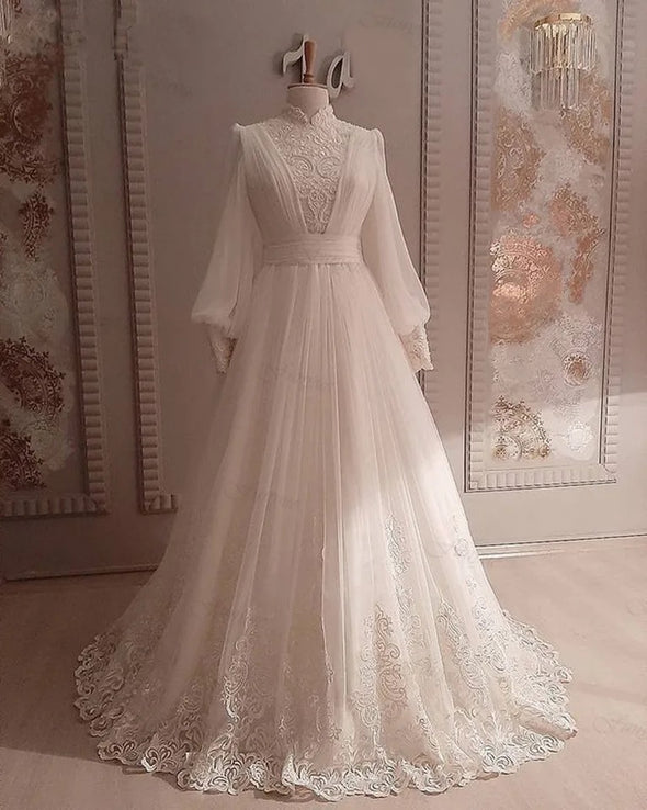 Elegant Lace Muslim Wedding Dresses Dubai Arabic