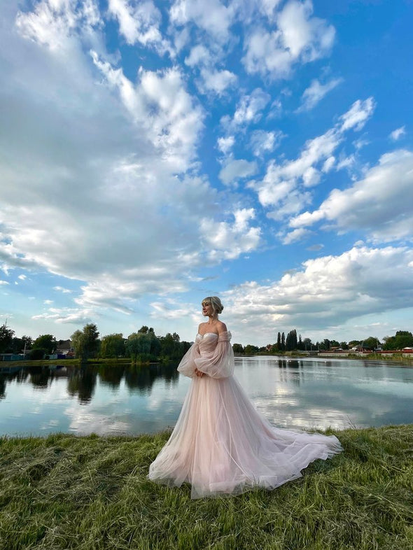 Off The Shoulder Dusty Pink Wedding Dress - Off The Shoulder Dusty Pink Wedding Dress -