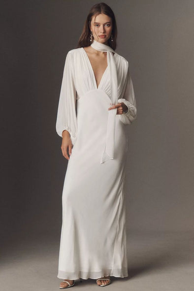 #DZ9402 Deep V Neck Long Sleeves Chiffon Wedding Dress