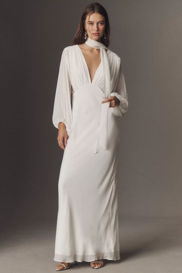 #DZ9402 Deep V Neck Long Sleeves Chiffon Wedding Dress