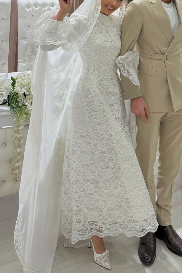 #DZ9440 Mermaid Long Lace Muslim Wedding Dress Elegant