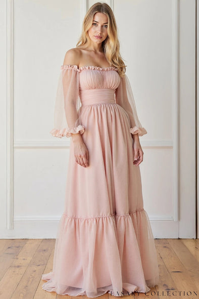 Elegant Long Evening Dress With Flare Sleeves