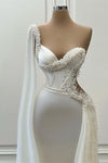 Luxury Pearls One Shoulder Mermaid Wedding Dress Draped