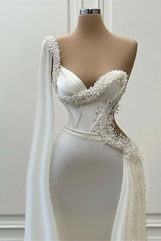 Luxury Pearls One Shoulder Mermaid Wedding Dress Draped