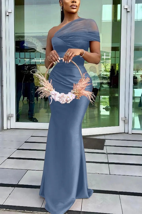 One Mesh Shoulder Long Mermaid Bridesmaid Dress TANYA BRIDAL One Mesh Shoulder Long Mermaid Bridesmaid Dress TANYA BRIDAL