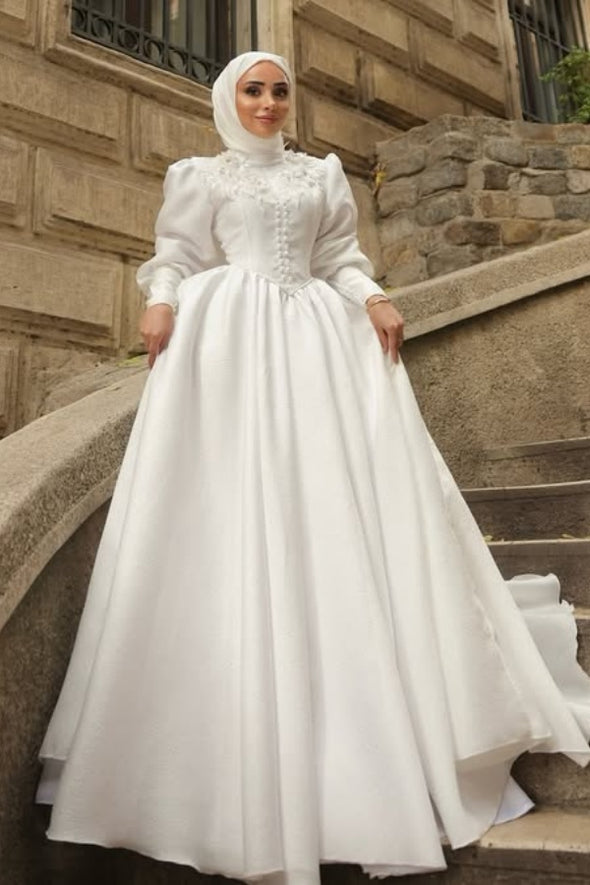 #DZ9443 Muslim Wedding Dress Long Sleeves With Lace Appliques