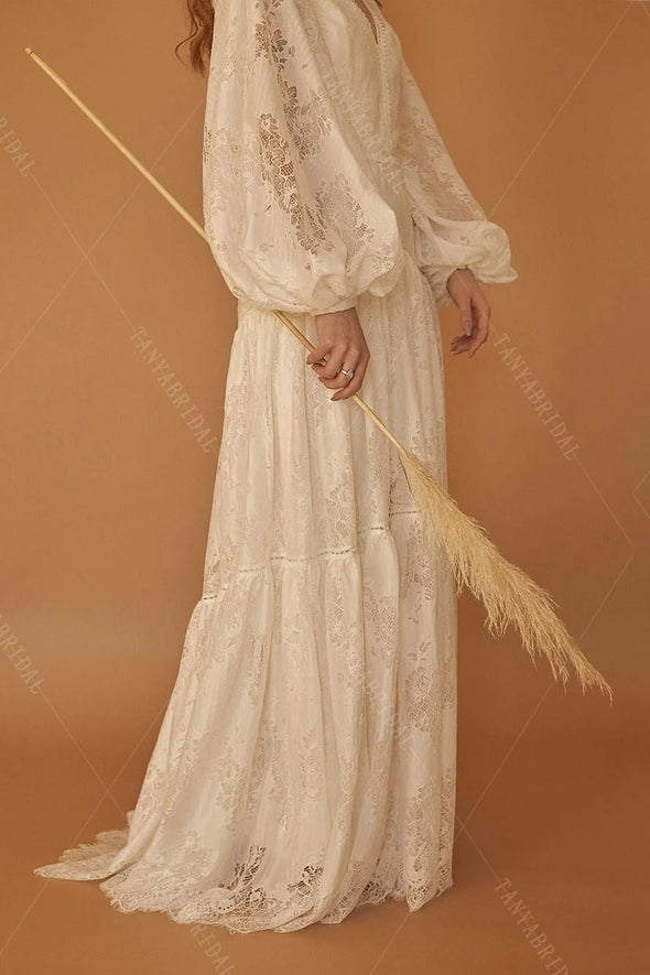 Lantern Sleeve Lace Wedding Dresses Backless Vestido De Noiva Chic DW552