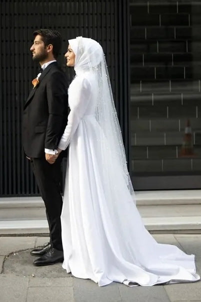 White Musllim Wedding Dresses For Bride High Neck
