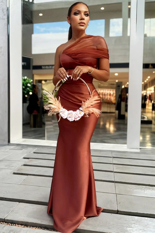 One Mesh Shoulder Long Mermaid Bridesmaid Dress TANYA BRIDAL One Mesh Shoulder Long Mermaid Bridesmaid Dress TANYA BRIDAL
