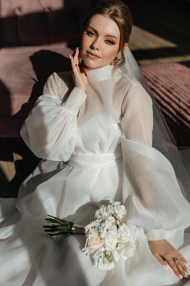 organza full sleeve dress 3/4 Puff Sleeve Organza Gown
