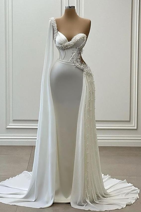Luxury Pearls One Shoulder Mermaid Wedding Dress Draped TANYA BRIDAL Luxury Pearls One Shoulder Mermaid Wedding Dress Draped TANYA BRIDAL