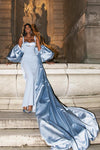 Light Blue Satin Cape With Puffy Short Sleeves DJ298