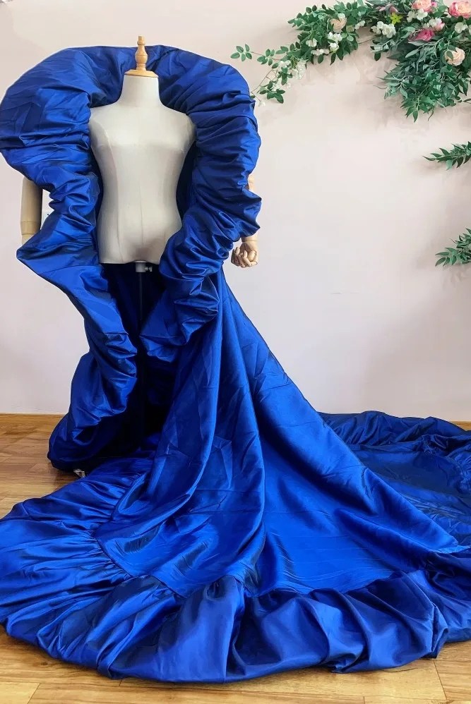 Royal Blue Taffeta Fashion Cape High Collar Long Jacket Royal Blue Taffeta Fashion Cape High Collar Long Jacket