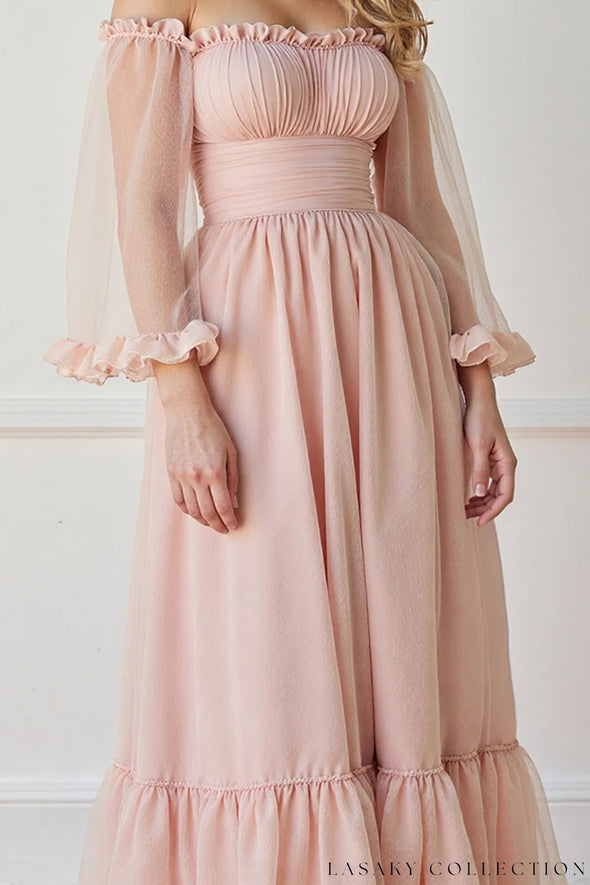 Elegant Long Evening Dress With Flare Sleeves