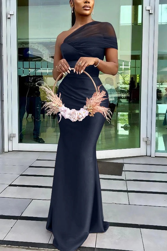 One Mesh Shoulder Long Mermaid Bridesmaid Dress - One Mesh Shoulder Long Mermaid Bridesmaid Dress -
