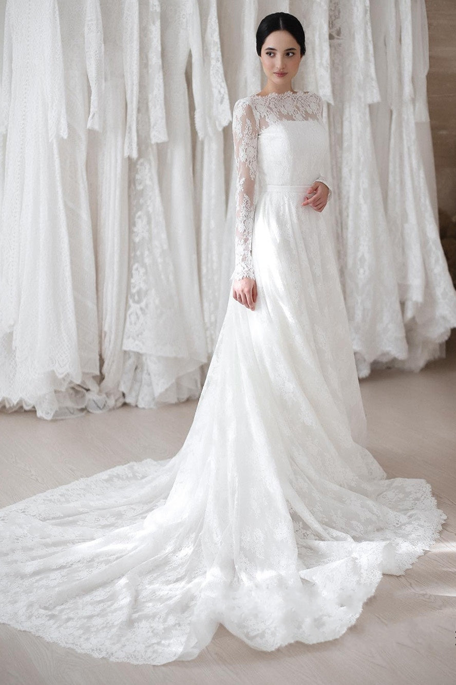 Romantic Lace A Line Wedding Dress Full Sleeves TANYA BRIDAL Romantic Lace A Line Wedding Dress Full Sleeves TANYA BRIDAL