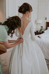 Simple Satin V Back Wedding Dress Long Sleeved